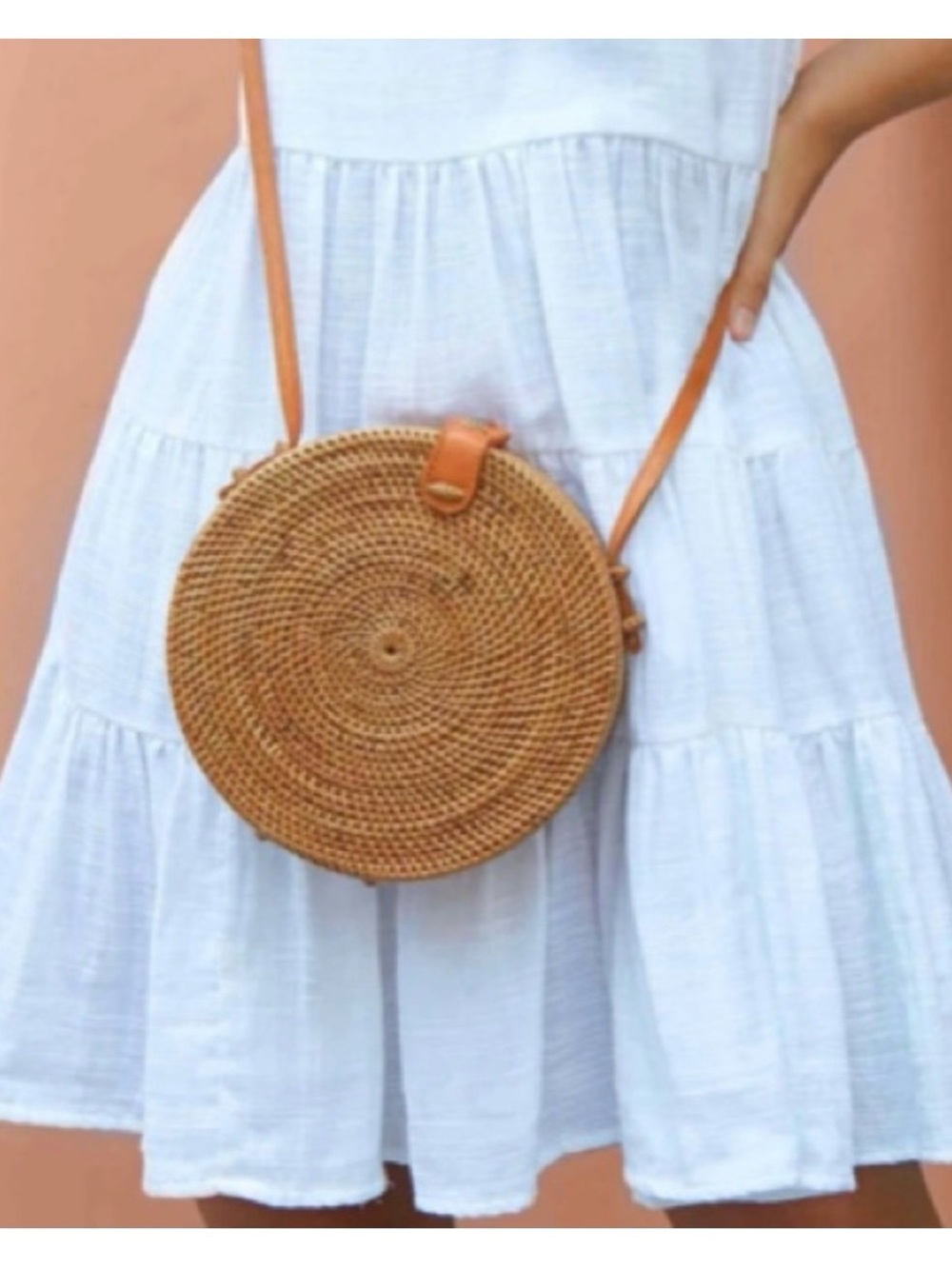 Amerii Rattan Round Woven Crossbody Bag in Tan with Leather Trim - Picture 2 of 11